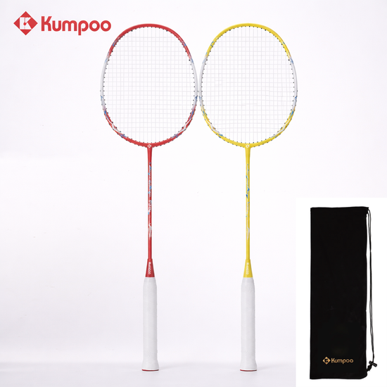 Set of two Kumpoo 520A(S) LX+ beginner pre-strung badminton rackets with black and yellow design, ready for play.