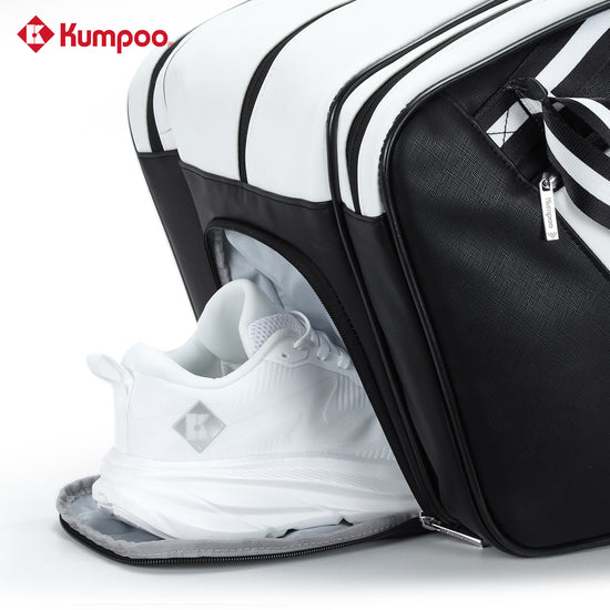 Kumpoo KB-691 badminton bag with multiple compartments, black design, padded shoulder straps, and branding details.