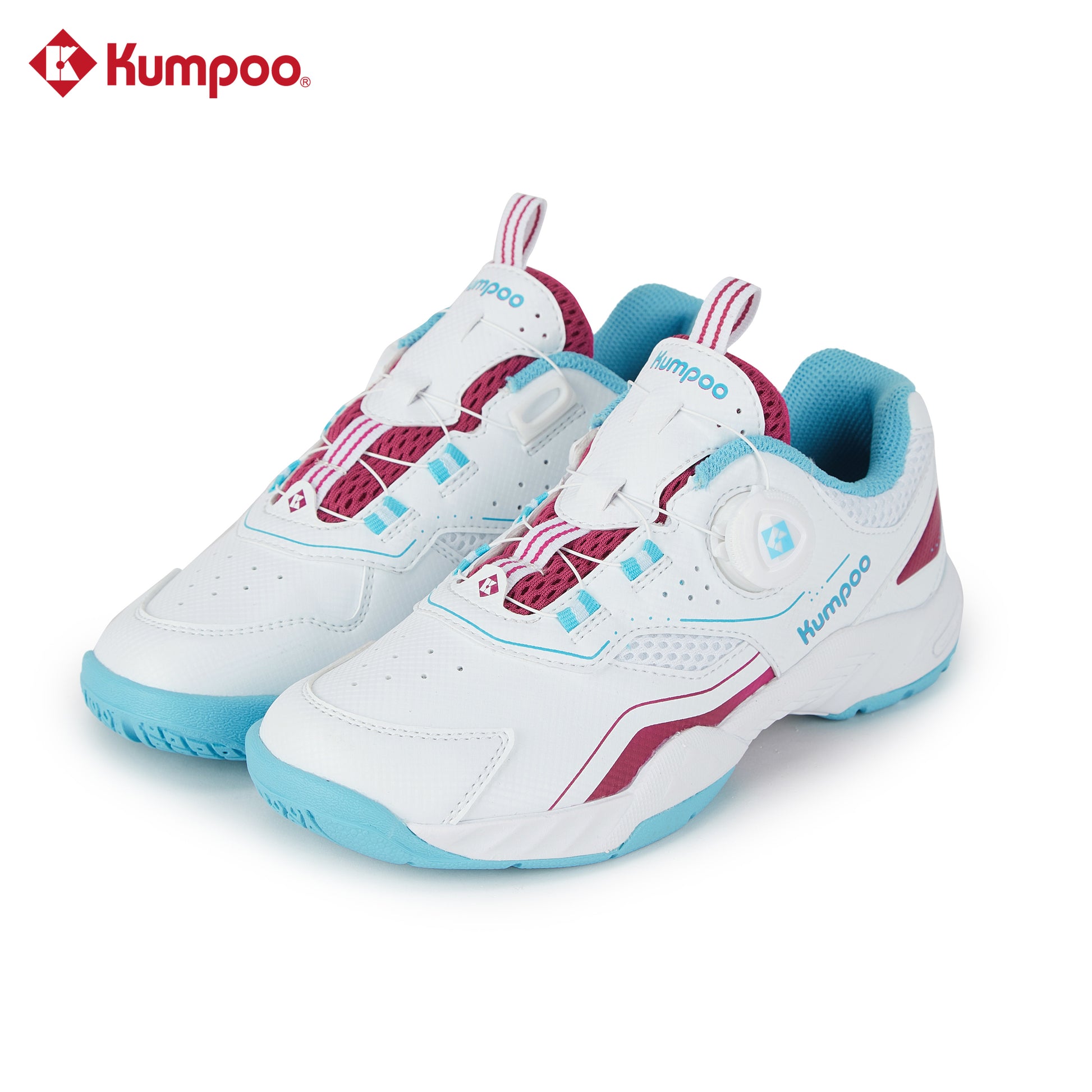 Kumpoo KHS-J10 Junior badminton shoes in white and blue with cushioned soles and supportive design for young players.