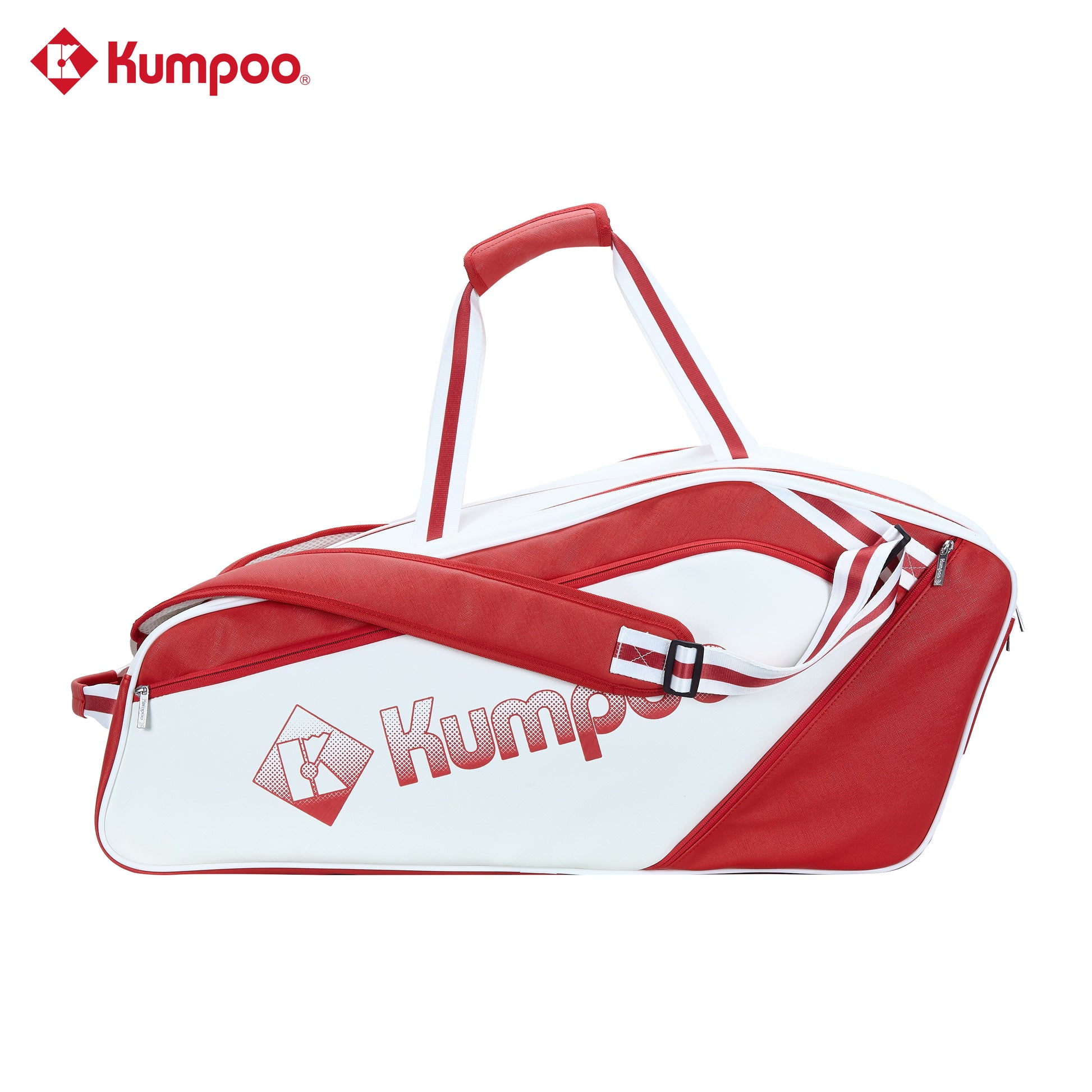 Kumpoo KB-691 badminton bag with multiple compartments, black and red design, and adjustable straps for sports gear storage.