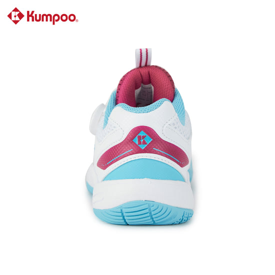 Kumpoo KHS-J10 Junior badminton shoes in white with blue accents, featuring a lightweight design and non-slip soles for better grip.