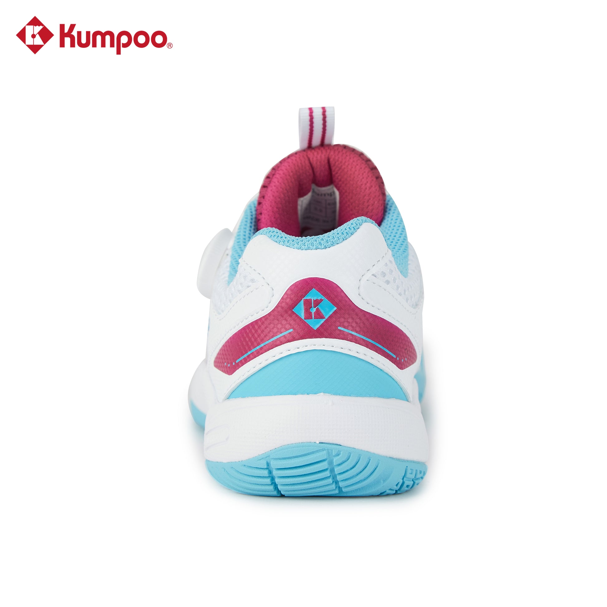 Kumpoo KHS-J10 Junior badminton shoes in white with blue accents, featuring a lightweight design and non-slip soles for better grip.