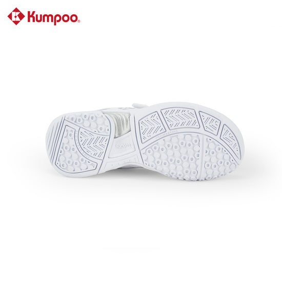 Kumpoo KHS-J20 Junior badminton shoes in white with blue accents, featuring non-slip soles and supportive design for young players.