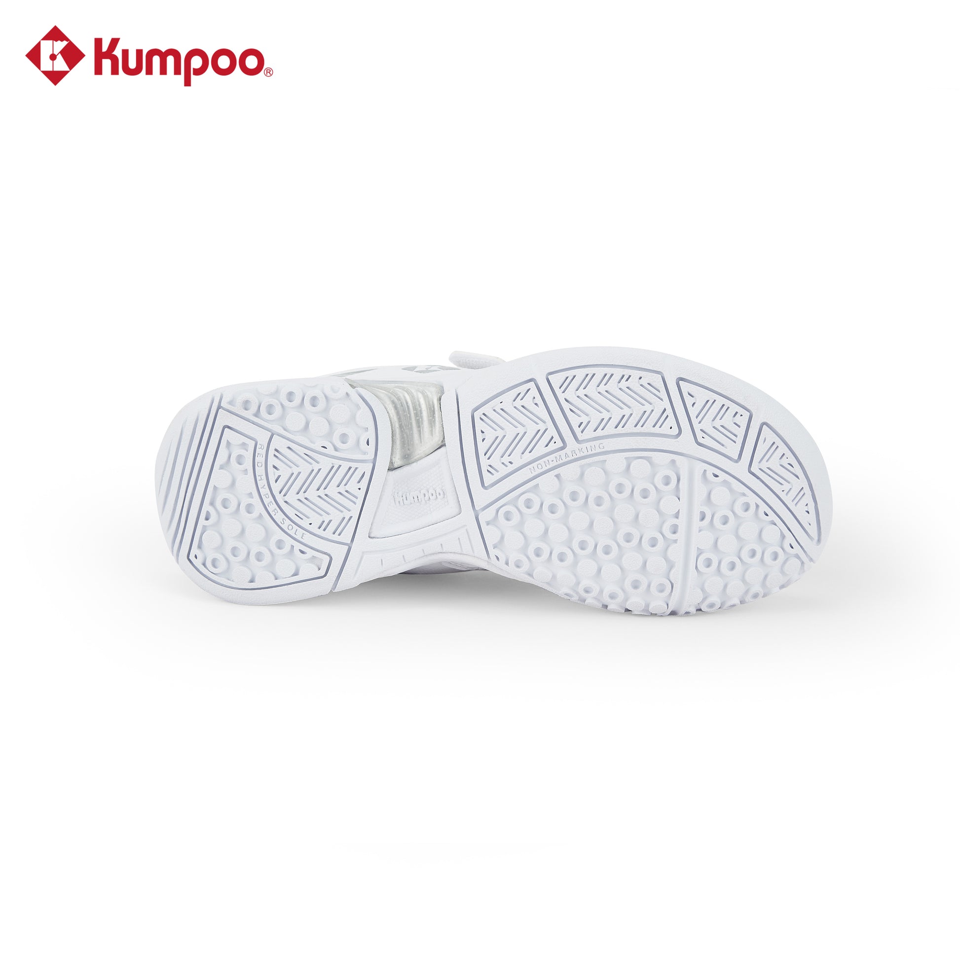 Kumpoo KHS-J20 Junior badminton shoes in white with blue accents, featuring non-slip soles and supportive design for young players.