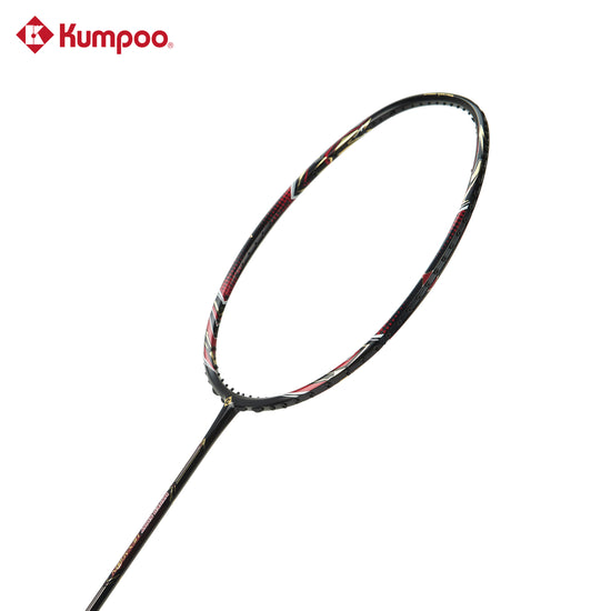 Kumpoo Hyper Shot hexagon unstrung badminton racket with a sleek black frame and ergonomic handle design.