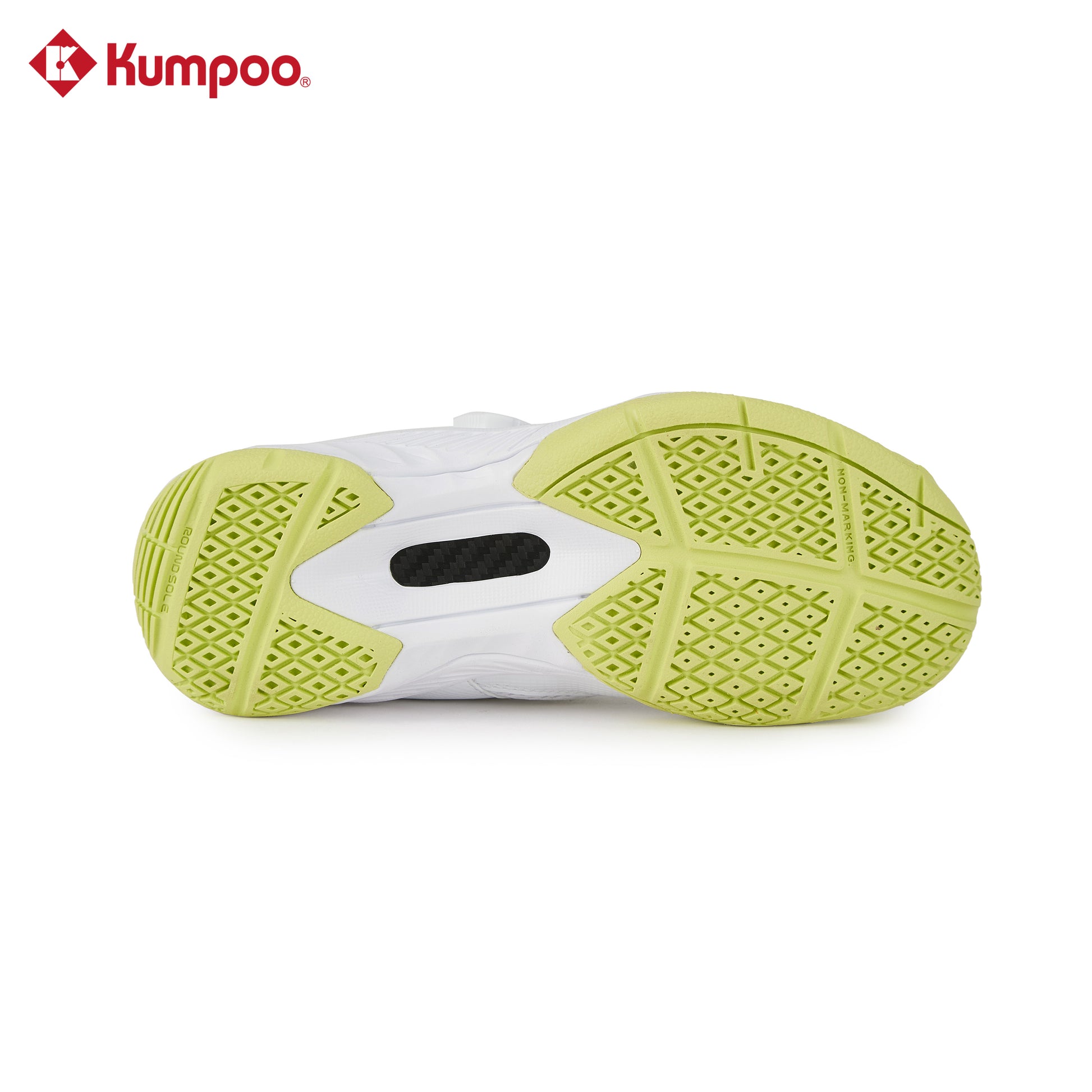 Kumpoo KHS-J10 Junior badminton shoes with white and blue design, breathable mesh upper, and non-slip rubber sole.