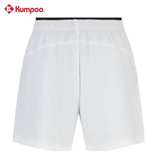 Kumpoo CryingCenter men's badminton shorts in black with white accents, lightweight athletic design, front and side view.