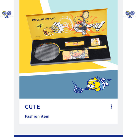 Kumpoo B.Duck Cool unstrung badminton racket with unique design and souvenir box, showcasing vibrant colors and playful graphics.