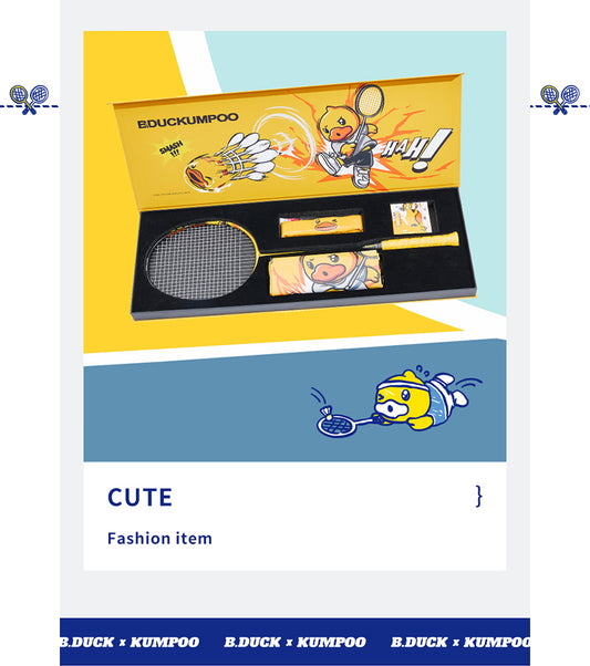 Kumpoo B.Duck Cool unstrung badminton racket with unique design and souvenir box, showcasing vibrant colors and playful graphics.