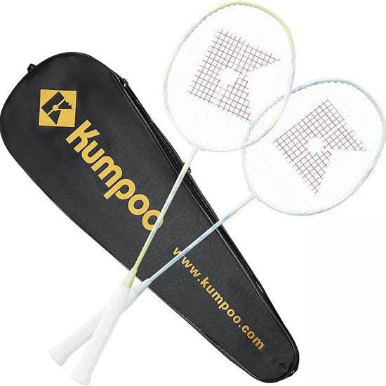 Kumpoo E30 LX+ beginner pre-strung badminton racket set with two green and blue rackets for casual play.