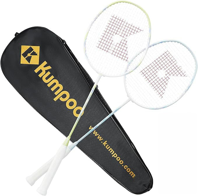 Kumpoo E30 LX+ beginner pre-strung badminton racket set with two green and blue rackets for casual play.