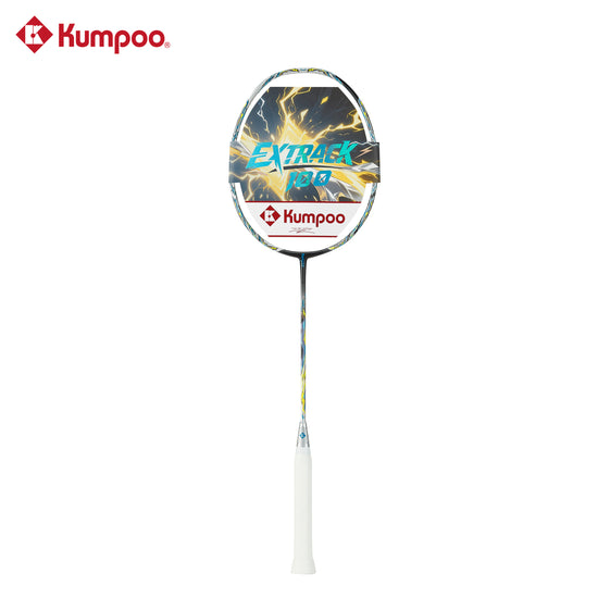 Kumpoo EX100 unstrung badminton racket with lightweight frame and ergonomic grip, ready for gameplay.