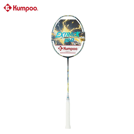 Kumpoo EX100 unstrung badminton racket with lightweight frame and ergonomic grip, ready for gameplay.