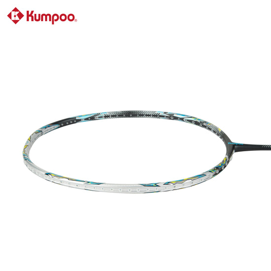 Kumpoo EX100 unstrung badminton racket with a lightweight frame and ergonomic handle, resting on a white background.