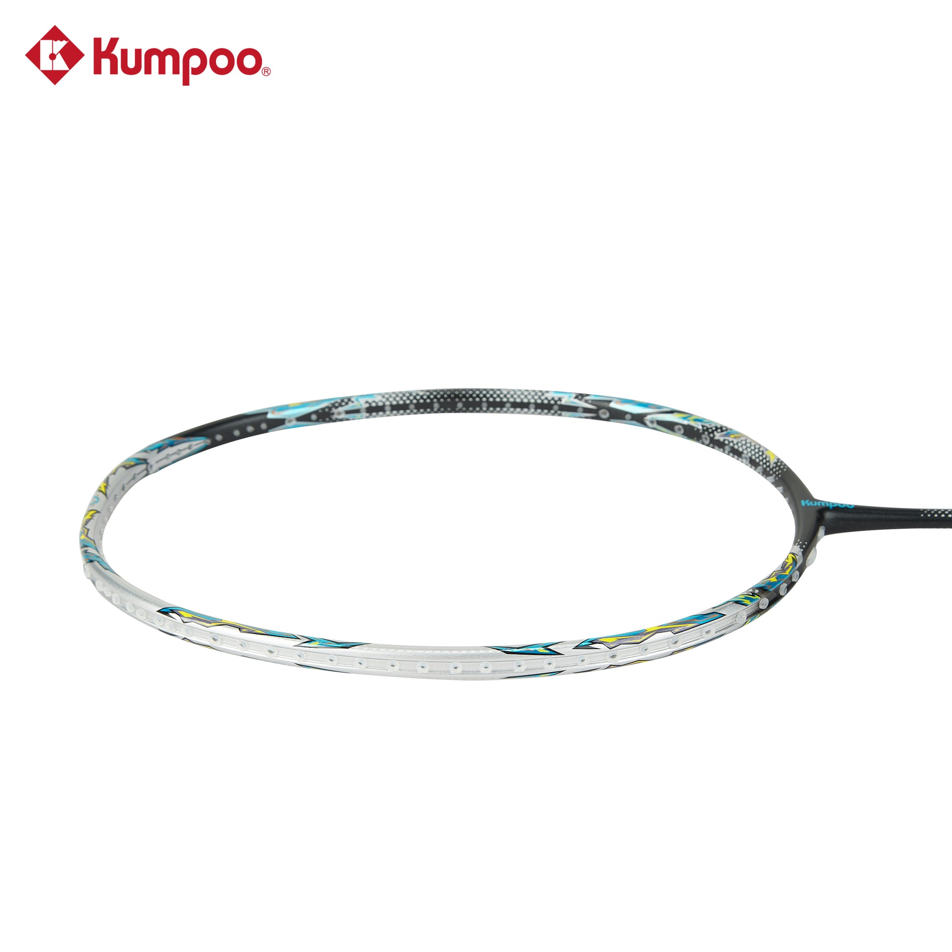 Kumpoo EX100 unstrung badminton racket with a lightweight frame and ergonomic handle, resting on a white background.