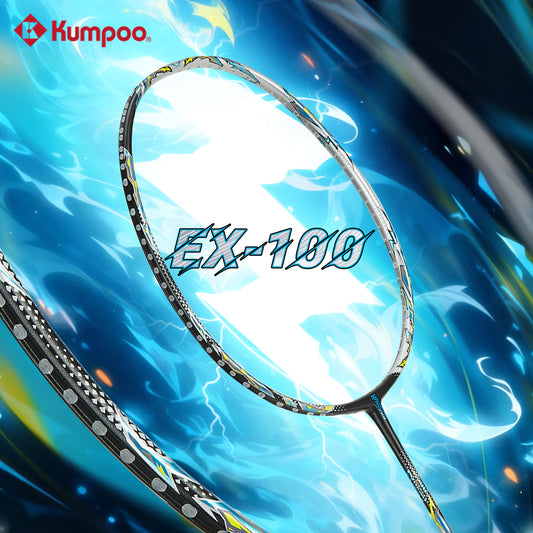 KUMPOO EX100 unstrung badminton racket with a sleek frame and grip, designed for lightweight, agile play.