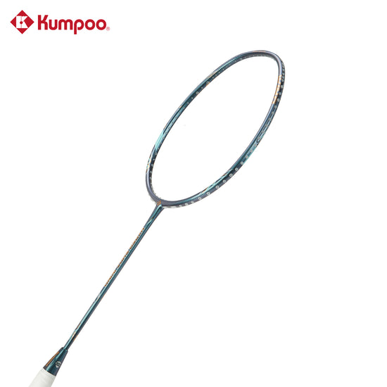 Kumpoo Hyper Shot Wind unstrung badminton racket with blue frame, lightweight design, and sleek grip for competitive play.