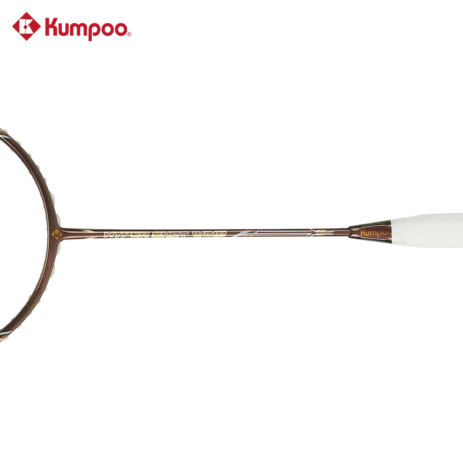 Kumpoo Hyper Shot Wind unstrung badminton racket with gold accents, lightweight frame, and ergonomic grip for powerful play