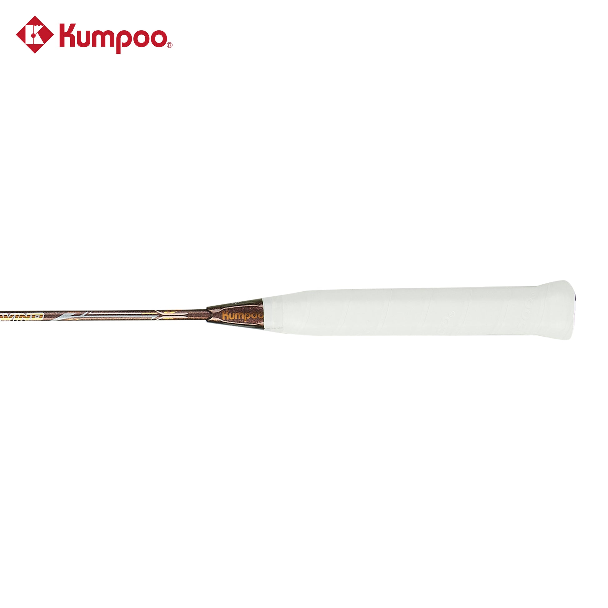 Kumpoo Hyper Shot Wind unstrung badminton racket with gold frame and black grip, lightweight sports equipment for competitive play.