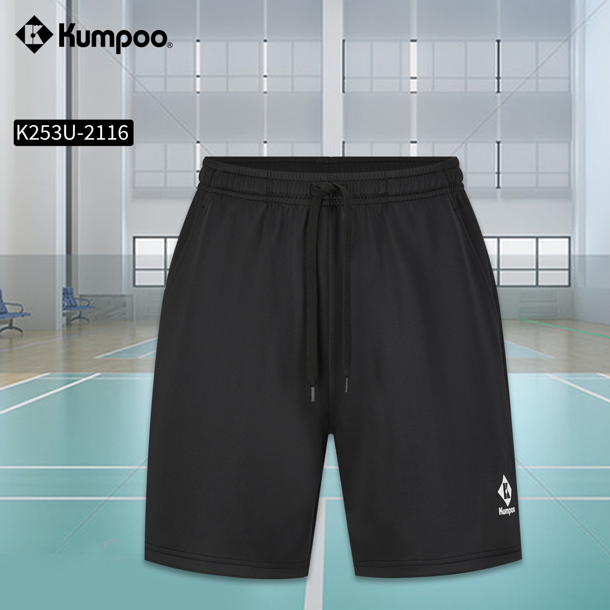 Kumpoo K253U-2117 unisex performance sports shorts for badminton, pickleball, tennis, and casual wear, shown in black.