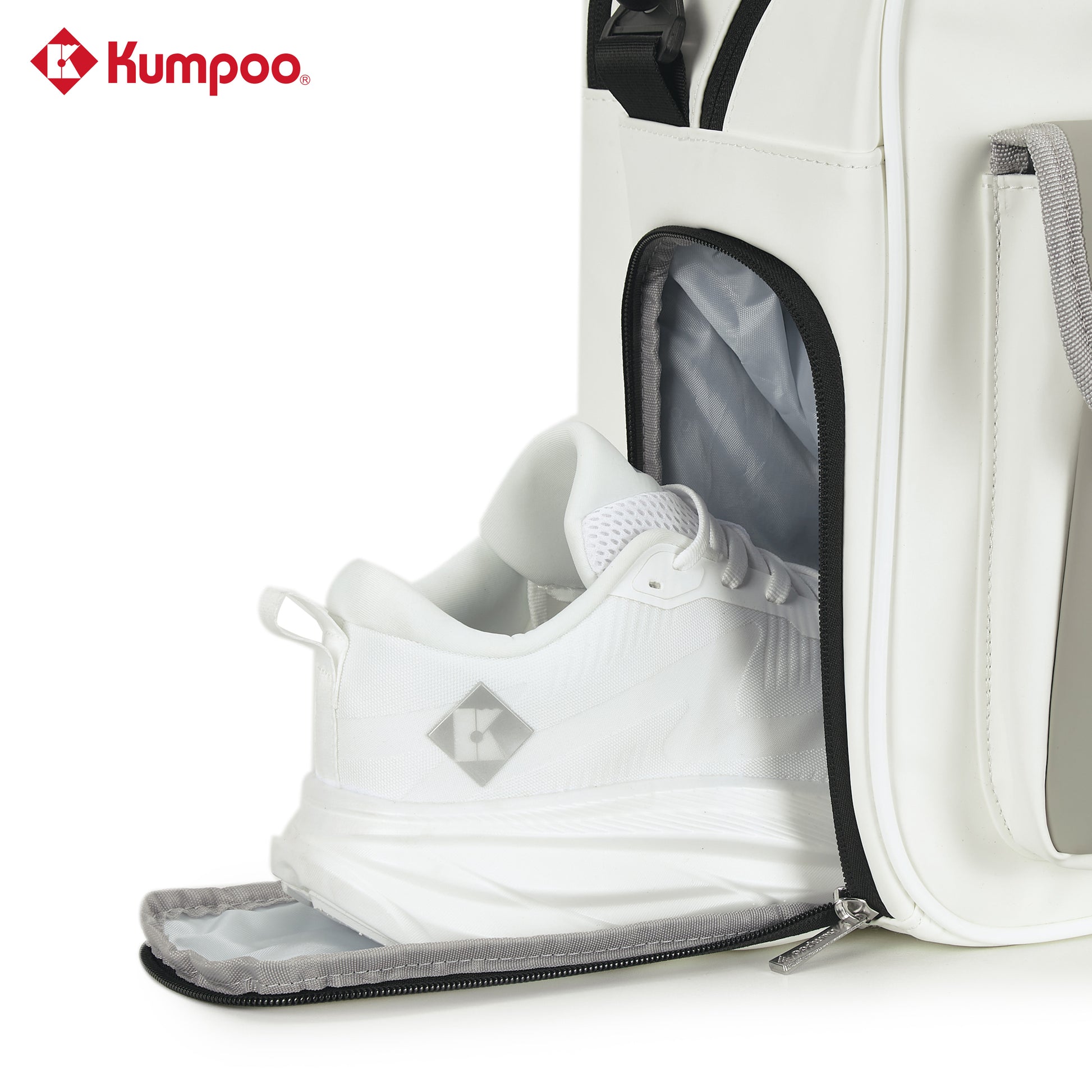 Kumpoo KB-663 badminton duffel bag with compartments for rackets, shoes, and sports gear, black with gray accents.