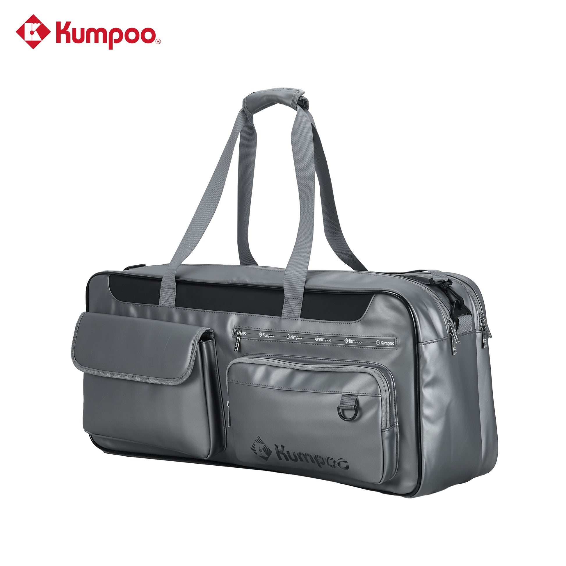 Kumpoo KB-663 badminton duffel bag with compartments for rackets, shoes, and sports gear, black with orange accents.