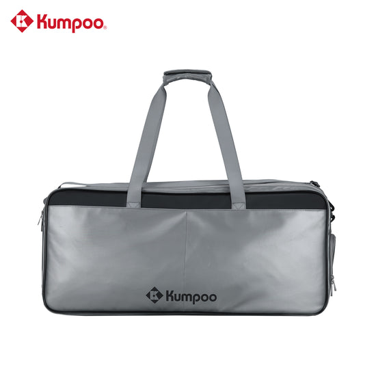 Kumpoo KB-663 badminton duffel bag with compartments for rackets, shoes, and sports gear, black and gray design.