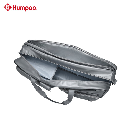 Kumpoo KB-663 badminton duffel bag with compartments for rackets, shoes, and sports gear, shown in black with zipper closures.