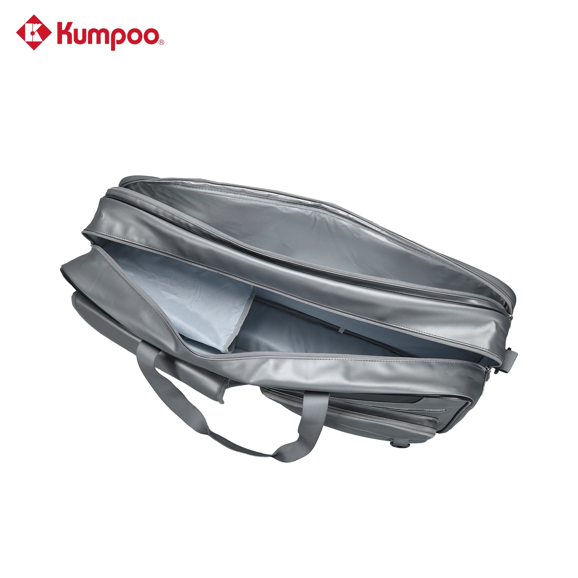 Kumpoo KB-663 badminton duffel bag with compartments for rackets, shoes, and sports gear, shown in black with zipper closures.