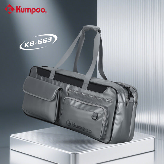 Kumpoo KB-663 badminton duffel bag with compartments for rackets, shoes, and sports gear, black and durable fabric.