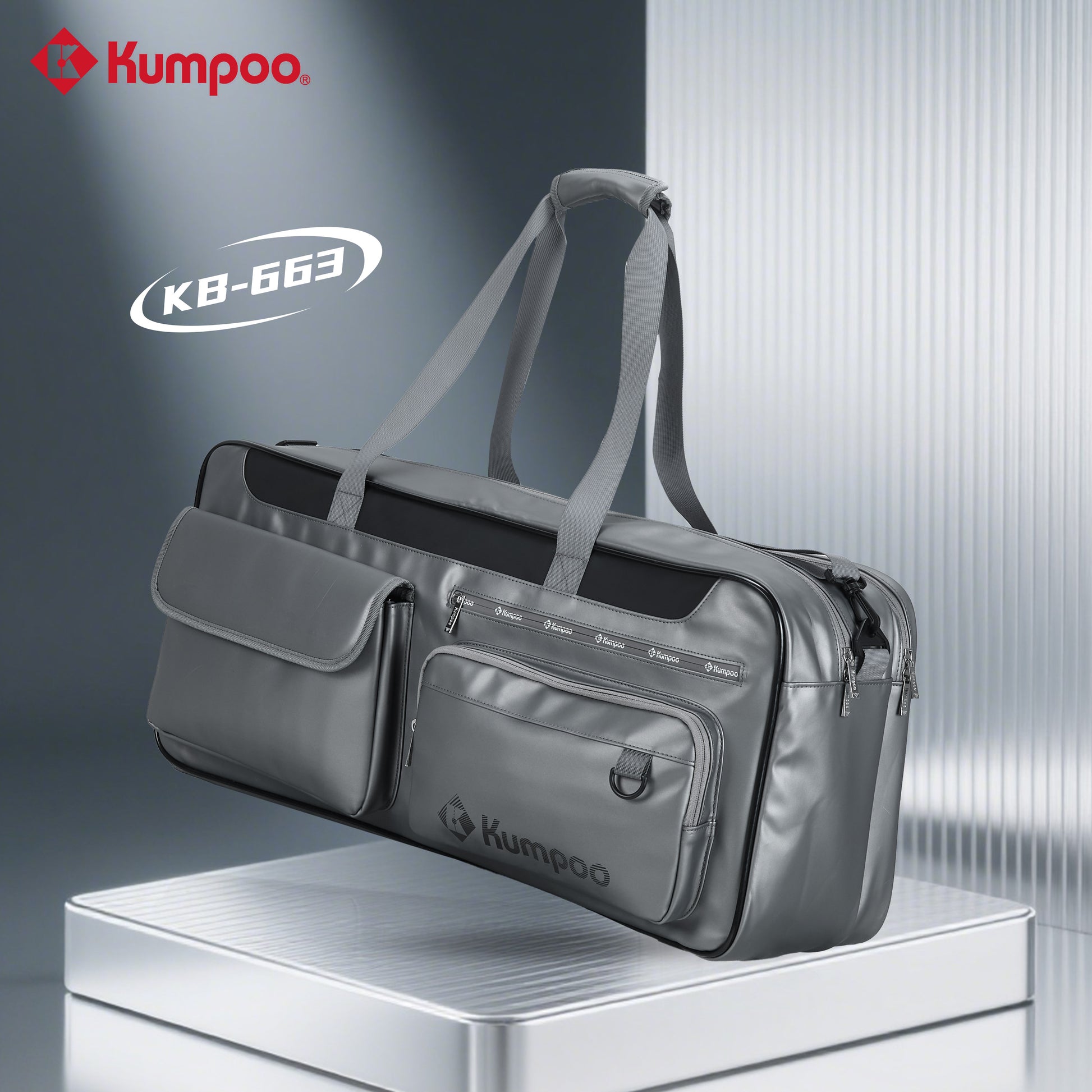 Kumpoo KB-663 badminton duffel bag with compartments for rackets, shoes, and sports gear, black and durable fabric.