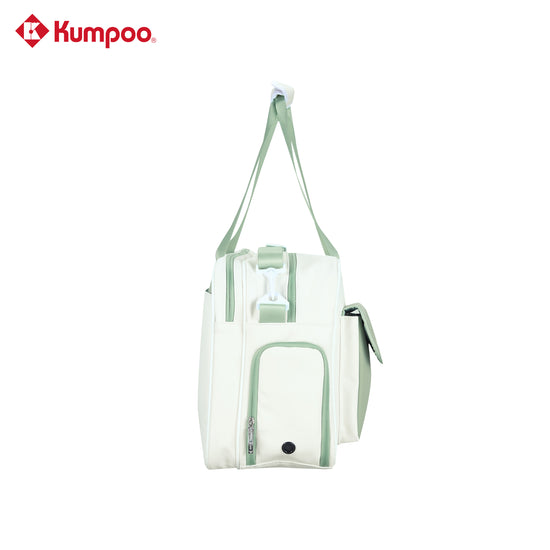 Kumpoo KB-663 badminton duffel bag with compartments for rackets, shoes, and sports gear, in black with gray accents.