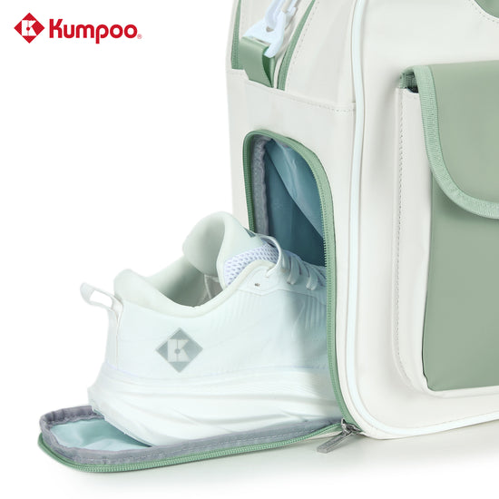 Kumpoo KB-663 badminton duffel bag with compartments for rackets, shoes, and sports gear, in black with orange accents.
