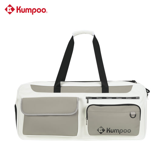 Kumpoo KB-663 badminton duffel bag with compartments for rackets, shoes, and sports gear, black and gray design.