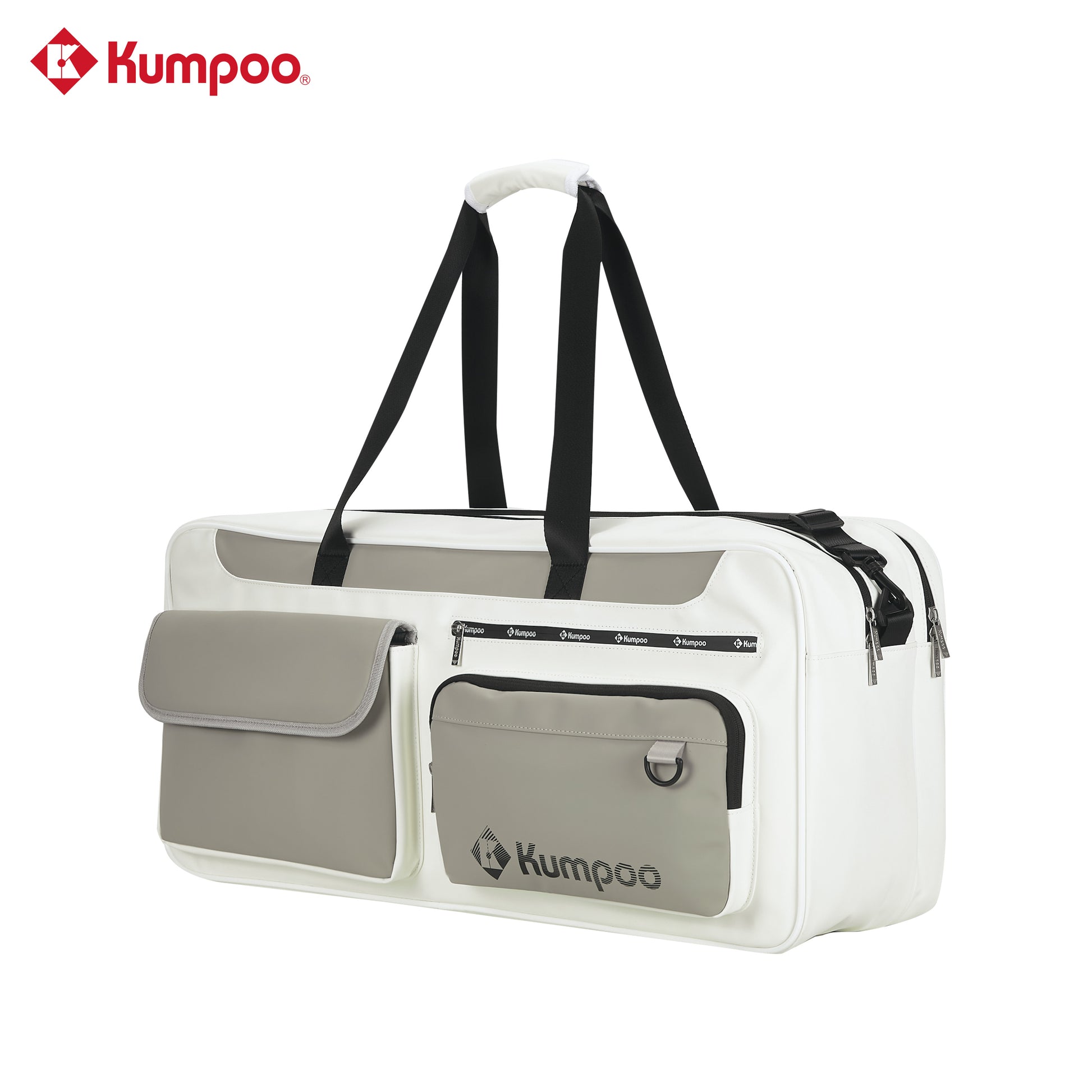 Kumpoo KB-663 badminton duffel bag with compartments for rackets, shoes, and sports gear, in black and gray fabric.