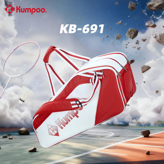Kumpoo KB-691 badminton bag with multiple compartments and adjustable straps, designed for carrying badminton rackets and gear.