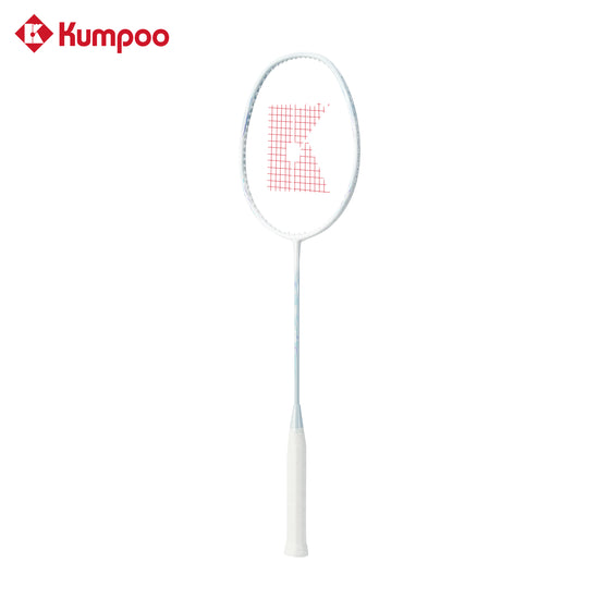 Two Kumpoo E30 LX+ beginner pre-strung badminton rackets with grips and strings, ready for play, shown in the image.