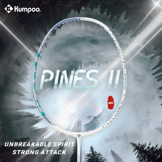 Kumpoo PINES II pre-strung badminton racket with a lightweight frame and ergonomic grip, ready for competitive play.