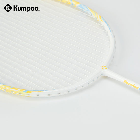 Two Kumpoo Popping Candy badminton rackets, pre-strung beginner set with lightweight design and colorful grip handles.