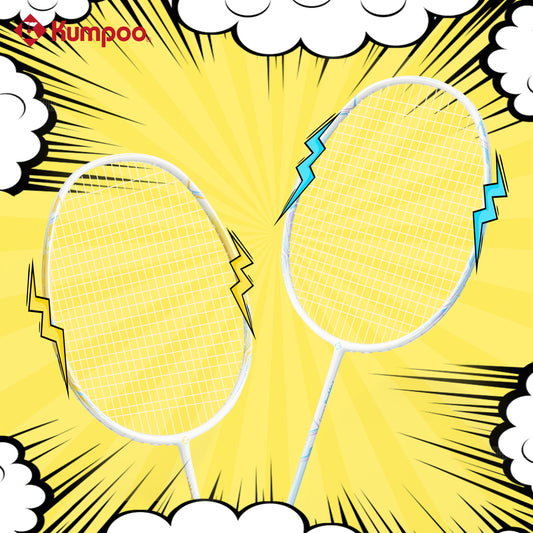 Two Kumpoo popping candy badminton rackets, pre-strung beginner set with lightweight frames and ergonomic grips.