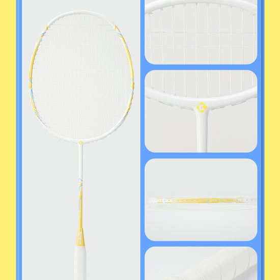 Kumpoo Popping Candy beginner pre-strung badminton racket set with two lightweight rackets on a court.