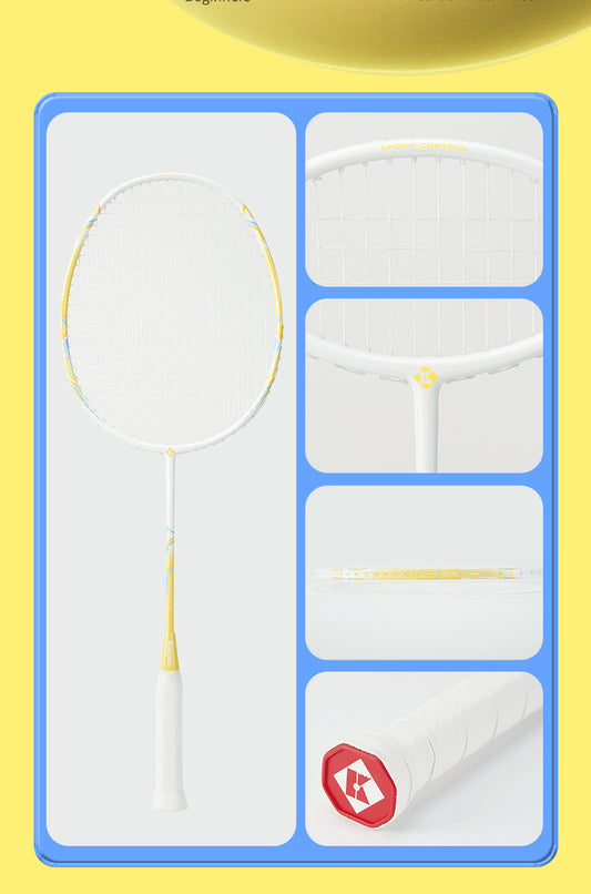 Kumpoo Popping Candy beginner pre-strung badminton racket set with two lightweight rackets on a court.