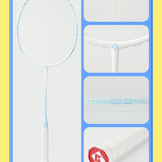 Two Kumpoo Popping Candy beginner pre-strung badminton rackets with colorful grips and frame design, suitable for beginners.